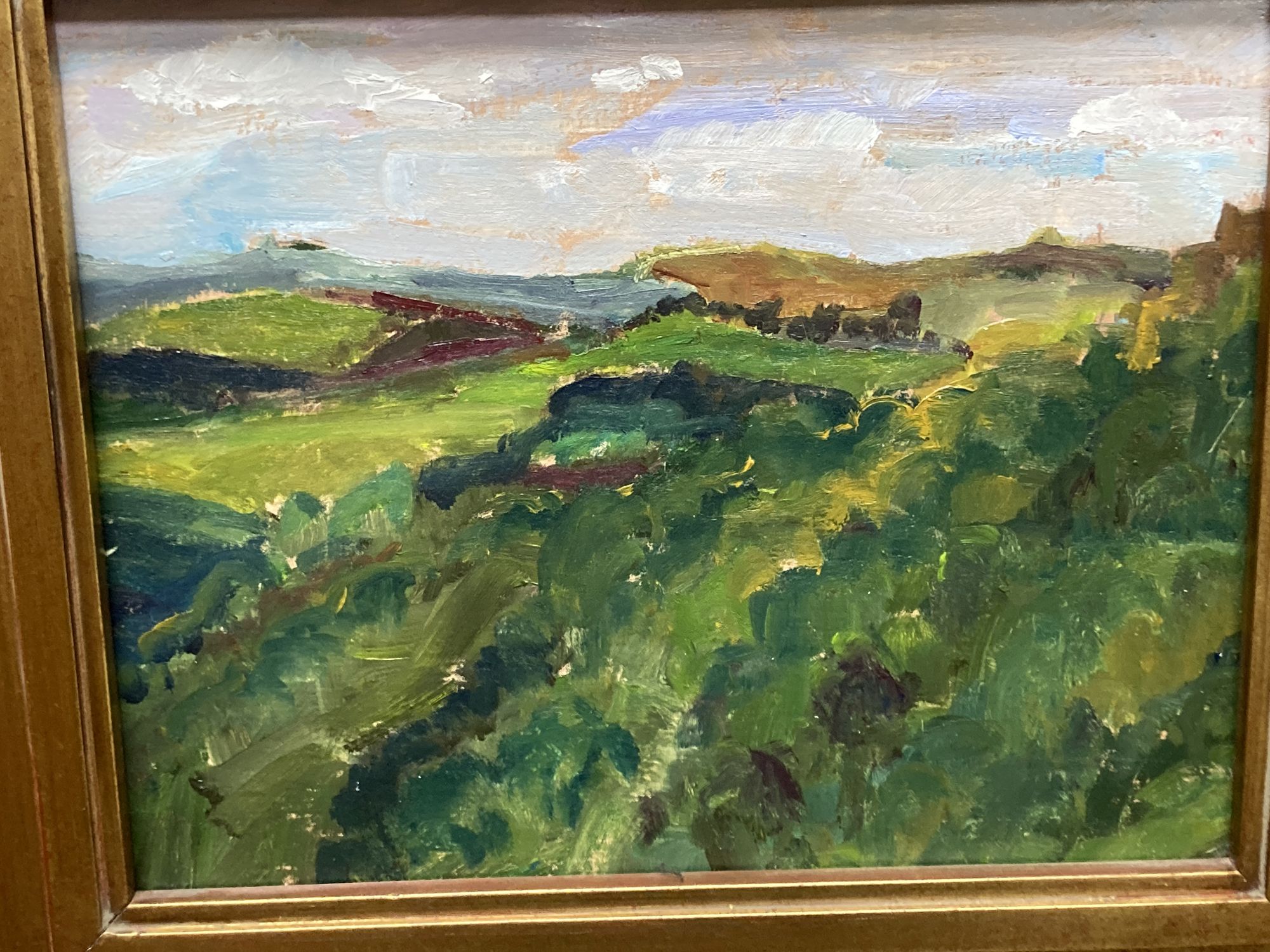 A set of three modern oil on board landscape studies, 19 x 24cm and another similar work